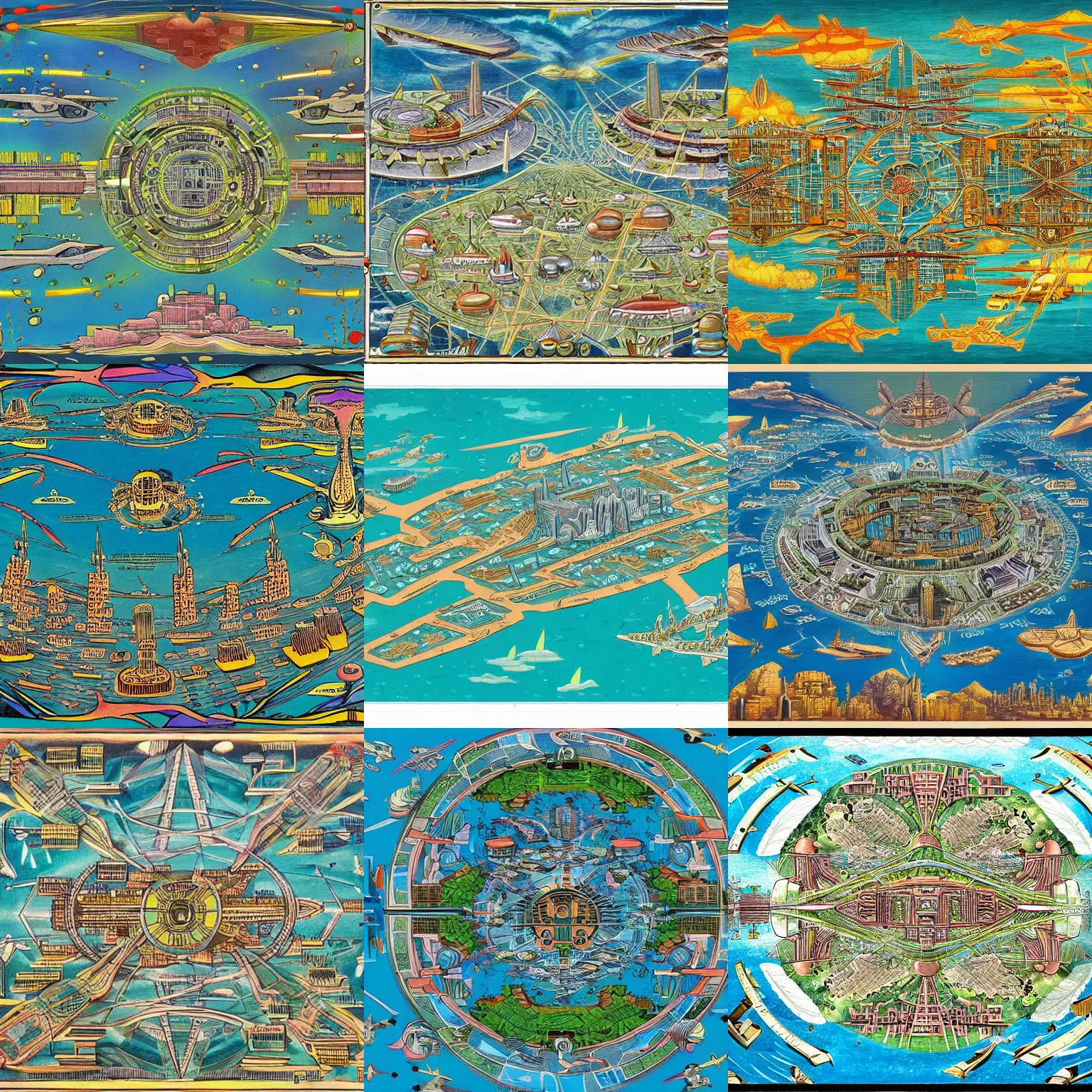 Prompt: a detailed symmetric map of a futuristic dystopian city located in an island surrounded by water with a few flying ships stationed around it, in the style of the mexican muralists, full color