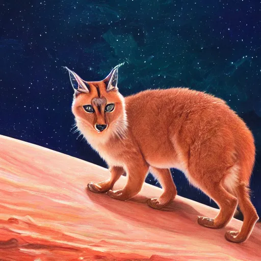 Prompt: Ryan Gosling holding a cute caracal on a mountain on mars, cinematic angle, studio Ghibli, cinematic lighting, detailed oil painting, hyperrealistic, 8k