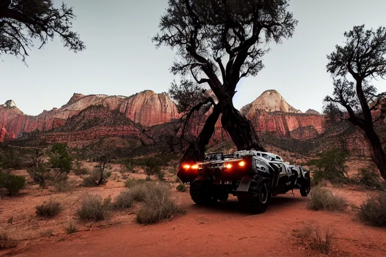 Image similar to cinematography of a cinematic ultra realist and ultra intricate detailed photo of a beautiful sci-fi armored mech shootout in Zion national park by Emmanuel Lubezki