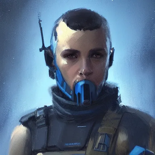 Prompt: star wars concept art by greg rutkowski, soldier wearing a blue and black tactical gear, highly detailed portrait, digital painting, artstation, concept art, smooth, sharp foccus ilustration, artstation hq