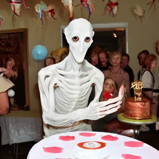 Image similar to the pale man from pan's labyrinth at a birthday party