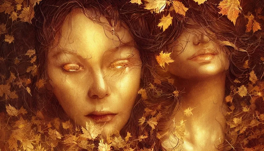 Image similar to golden leaves at frame border, creative!!! composition for a book cover!!!, absurdly beautiful, ultrafine hyperrealistic detailed old witch face by wlop and artgerm and greg rutkowski, intricate linework, sharp focus, smooth, octopath traveler, final fantasy, unreal engine, dramatic lighting, ethereal, 8 k