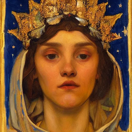 Prompt: the starry crown, by Annie Swynnerton and Nicholas Roerich, elaborate costume, rich color, dramatic cinematic lighting, smooth, sharp focus, extremely detailed