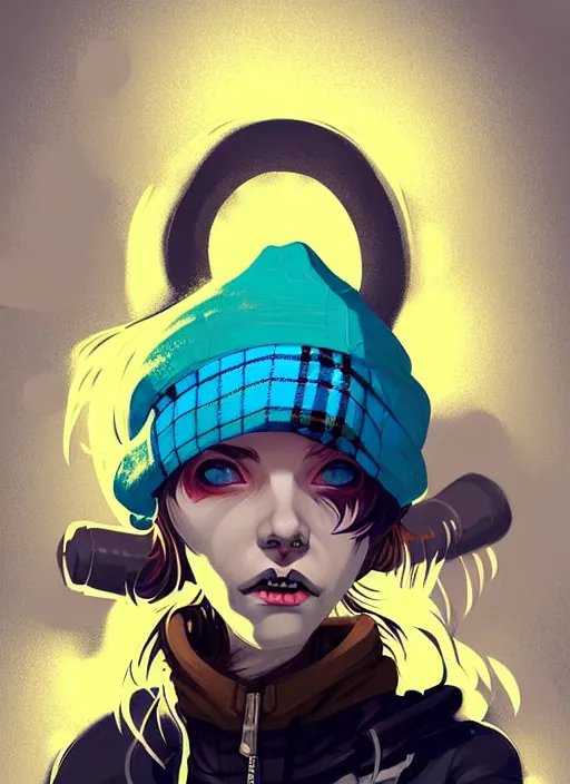 Image similar to highly detailed portrait of a sewer punk lady student, blue eyes, tartan hoody, hat, white hair by atey ghailan, by greg tocchini, by joe fenton, gradient yellow, black, brown and cyan color scheme, grunge aesthetic!!! ( ( graffiti tag wall ) )
