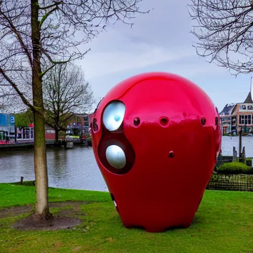 Prompt: a huge robotic cherry in the city of alkmaar