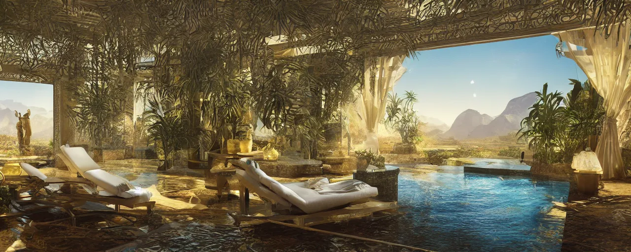 Image similar to surreal hyper luxury spa with intricate golden details with view to arid mountains and palm forest, ultra detailed, photorealism, sharp focus, volumetric light, global illumination