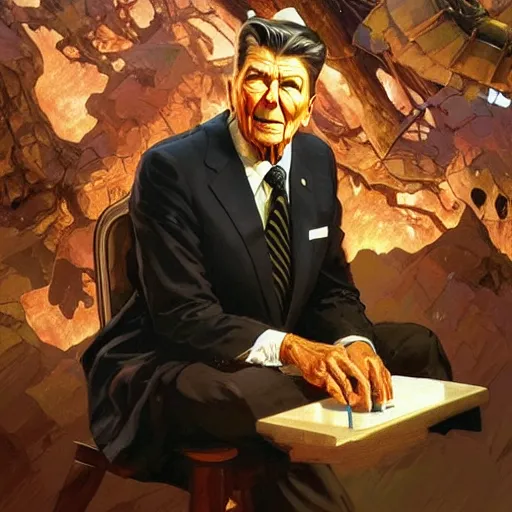 Prompt: Ronald Reagan pondering nuclear destruction over a sugar free werthers, highly detailed, digital painting, artstation, concept art, smooth, sharp focus, illustration, art by artgerm and greg rutkowski and alphonse mucha and loish and WLOP