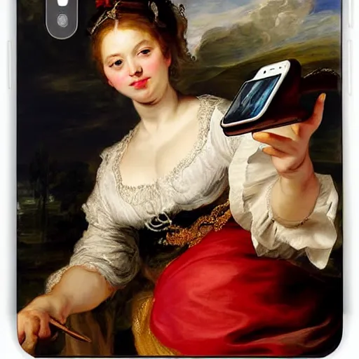 Image similar to heavenly summer sharp land sphere scallop well dressed lady taking a selfie with her iphone auslese, by peter paul rubens and eugene delacroix and karol bak, hyperrealism, digital illustration, fauvist, iphone