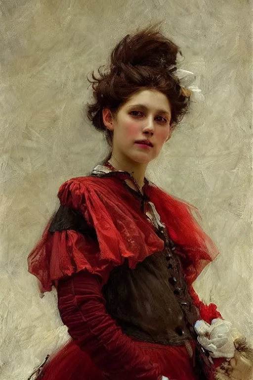 Image similar to Solomon Joseph Solomon and Richard Schmid and Jeremy Lipking victorian genre painting full length portrait painting of a young beautiful woman traditional german french pirate wench in fantasy costume, red background