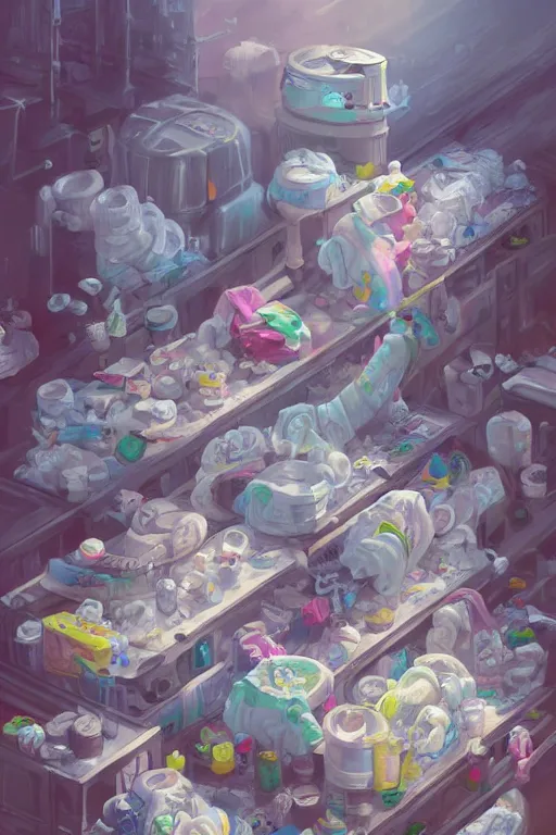 Image similar to Diaper Disposal Factory, Overflowing with Diapers, digital art, fantasy, trending on artstation, professional illustration, cgsociety, ultra detailed, celshaded, colorful, mechanical