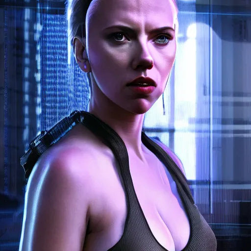 Image similar to scarlett johansson in cyberpunk, render