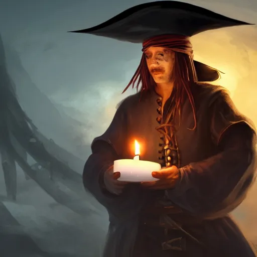 Image similar to a male pirate wearing a black sleeping cap with a puffball, holding a candle, wearing a flowing cape, portrait, d & d, science fiction, concept art, matte, sharp focus, illustration, concept art, jason chan, dan luvisi, karl thiart, uhd, 4 k, very detailed