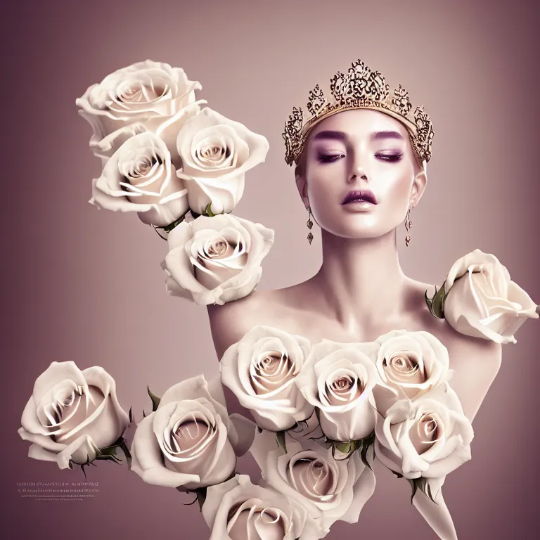 Image similar to wonderful symmetrical princess with a clear skin ornate of cream liquid semi transparent white roses, 8 k gorgeous delicate cream detailed, accent white lighting, dramatic light, octane render