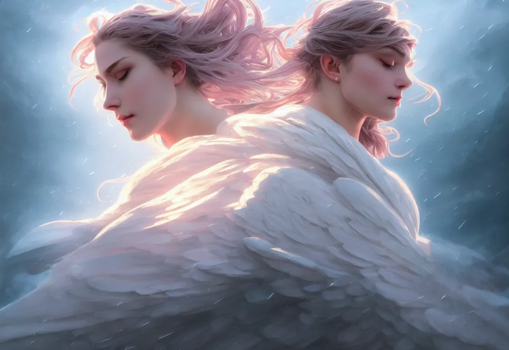 Prompt: one angel, big wings, low key light, full plate armor with cloth, extreme close up portrait, gentle, female, snowy mountain, storm clouds, god rays, landscape, d & d, fantasy, elegant, teal pink white gold color palette, concept art, artgerm and greg rutkowski and alphonse mucha