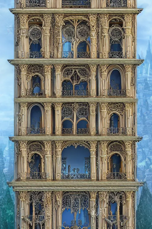 Image similar to ancient silver tower of the moon, distance view, fairytale illustration, elaborate carved latticed balconies, tall windows, moorish architecture, formal gardens, dramatic cinematic lighting, soft colors, golden age illustrator, unreal engine