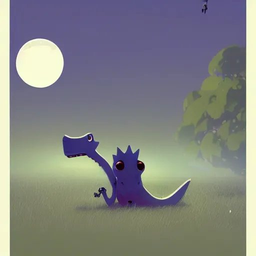 Prompt: cute dino in lake under big full moon, painting by Goro Fujita and pascal campion, sharp focus, simon stahlberg, highly detailed, ArtStation