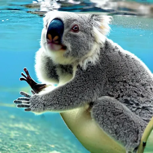 Image similar to koala swimming under water with his friend a frog