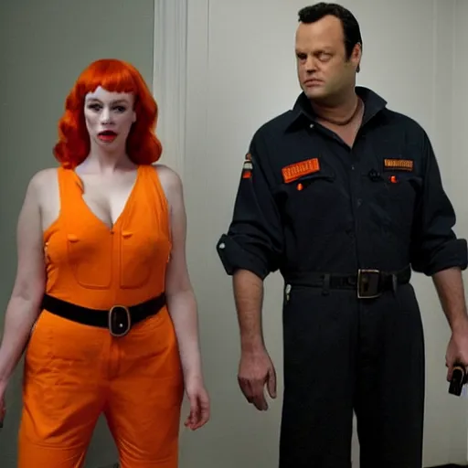 Image similar to vince vaughn as jack fenton, he is wearing an orange coveralls bodysuit with a black neck and a big gun belt, and christina hendricks as maddie fenton, she is wearing a tight teal coveralls bodysuit with a black neck and a big gun belt, movie photo, spooky netflix still shot, they are looking for ghosts