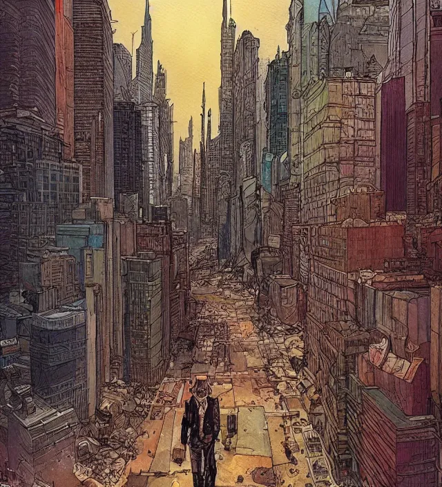 Image similar to a watercolor ink painting of a post - apocalyptic new - york in the style of jean giraud in the style of moebius trending on artstation deviantart pinterest detailed realistic hd 8 k high resolution