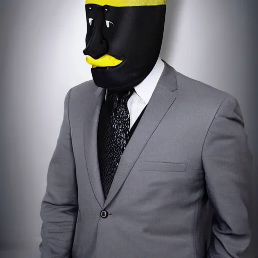 Image similar to a man wearing a suit banana head