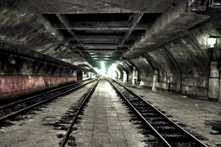 Image similar to very large giant mutant zombie irradiated rat sraying on railways in tonnel of moscow subway. extreme high detail. low dark light, night vision, scary atmosphere.