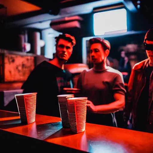 Prompt: photograph of retro techwear people with solo cups loitering near the bar of a packed busy rundown nightclub, retrofuturism, brutalism, cyberpunk, sigma 85mm f/1.4, 35mm, 4k, depth of field, high resolution, 4k, 8k, hd, highly detailed, full color