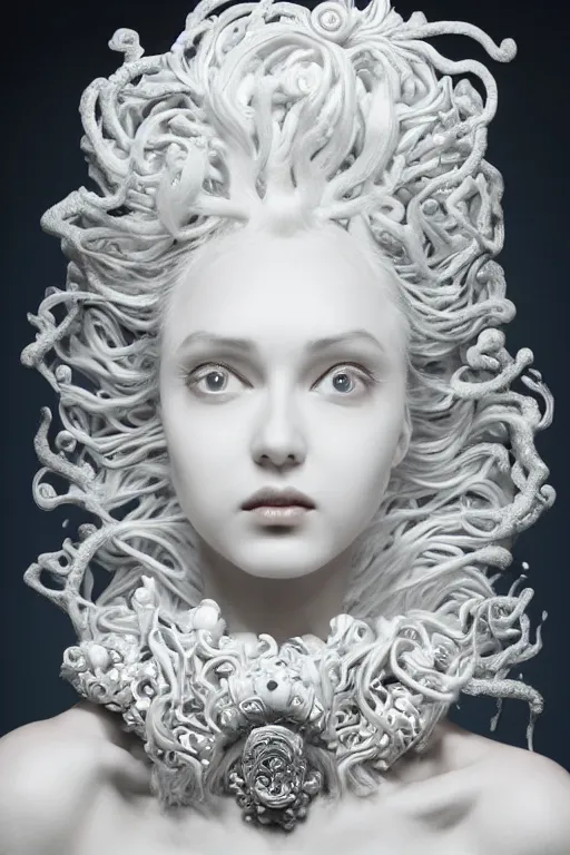 Prompt: 3 d full head and shoulders beautiful white porcelain woman with ornate detailed hair and jewellery, 3 d swirling hair, big eyes through the hair by theodor seuss geisel and daniel arsham and xiang duan