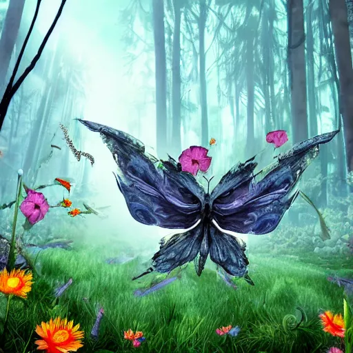 Prompt: dying grey demon with two heads and huge wide butterfly wings laying in beautiful summer flowers in amazing serene landscape in sun rays All the flowers around me are blooming. Lovely Peaceful elvish forest on corners. Meteorite rain on background