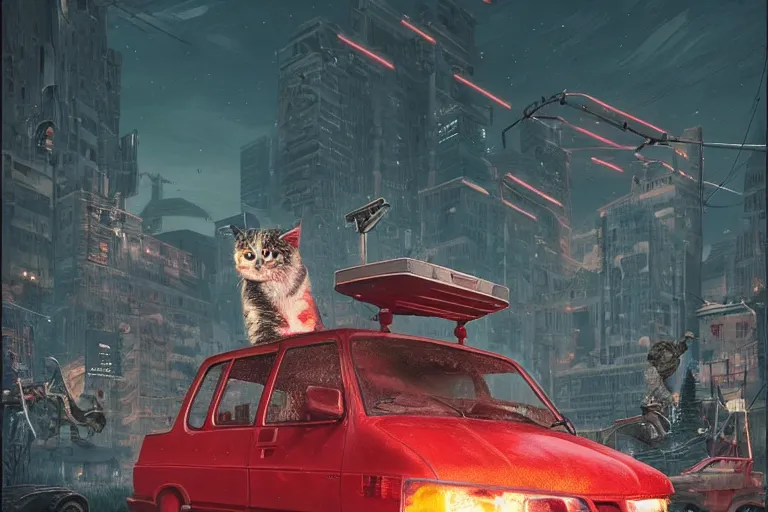 Image similar to cats defending themselves from horde of zombies on a red minivan, sci fi, art by mike winkelmann, trending on cgsociety, retrofuturism, darksynth, sci - fi