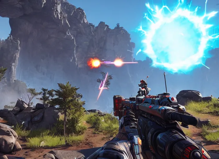 Prompt: Apex Legends screenshot, epic fantasy, explosions, bullet tracers