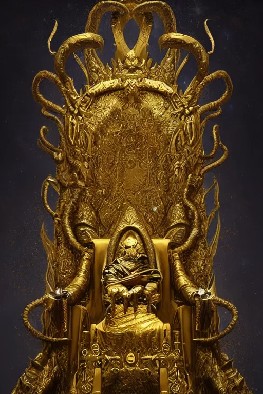 Image similar to lovecraftian gilded king on a throne, gold accents, digital art, in the style of greg rutkowski, trending on artstation