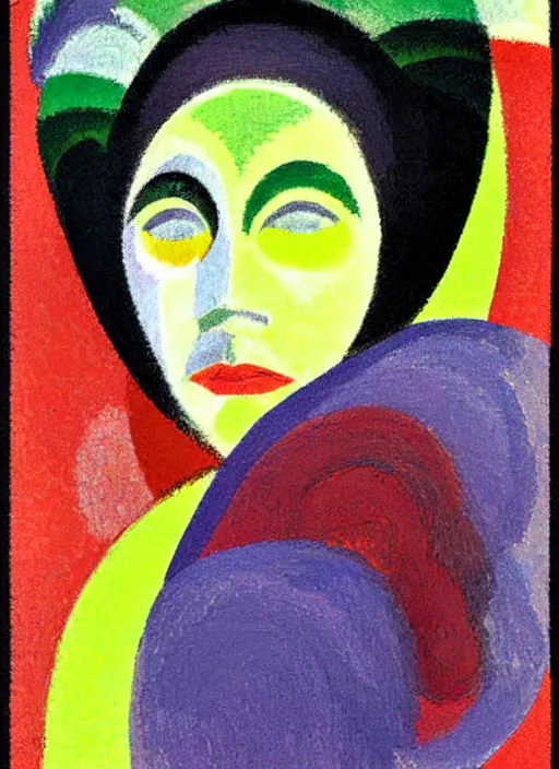 Prompt: an extreme close-up abstract portrait of a lady enshrouded in an impressionist representation of Mother Nature and the meaning of life by Sonia Delaunay and Igor Scherbakov, abstract colorful lake garden at night, thick visible brush strokes, figure painting by Anthony Cudahy and Rae Klein, vintage postcard illustration, minimalist cover art by Mitchell Hooks