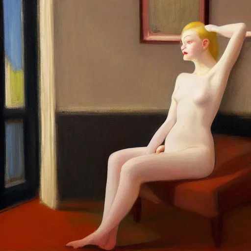 Image similar to Painting of Elle Fanning performing necromancy, long blonde hair, delicate, pale milky white porcelain skin, by Edward Hopper. 8K. Extremely detailed.