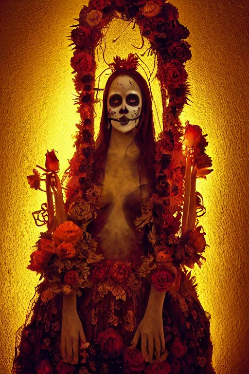 Prompt: heliography, virgin mary in dia de muertos dress and make up, horrific beautiful vibe, evocative, atmospheric lighting, painted, intricate, highly detailed, leesha hannigan, wayne haag, reyna rochin, ignacio fernandez rios, mark ryden, iris van herpen, stunning, gorgeous, sharp focus, cinematic, masterpiece