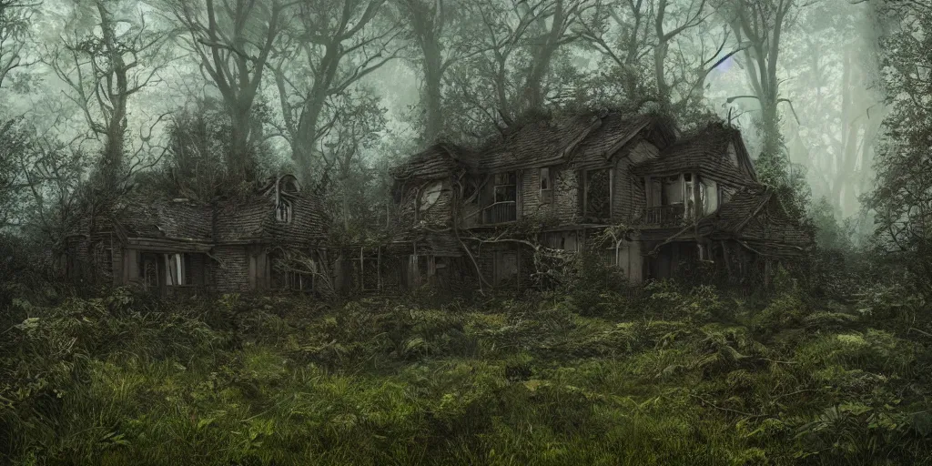 Image similar to photorealistic, ruined english bungalow, overgrown vegetation, in the forest, apocalypse, night, fog, shadowy creatures lurking in foliage, cthulhu, hellscape, hyperrealistic, grimdark, artstation