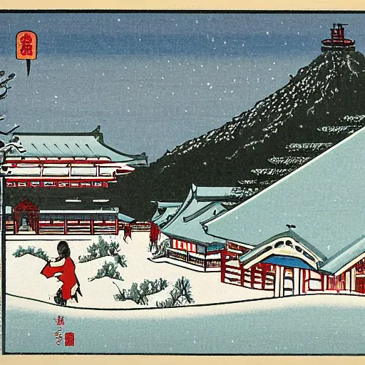 Image similar to enoden running in the snow near shonan kaigan koen station, ukiyoe, intricate,