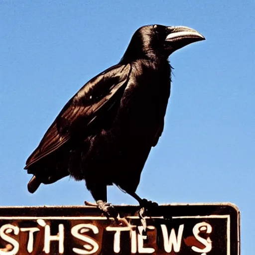 Prompt: “ a crow with the head of Peter Sellers sitting on a stop sign”