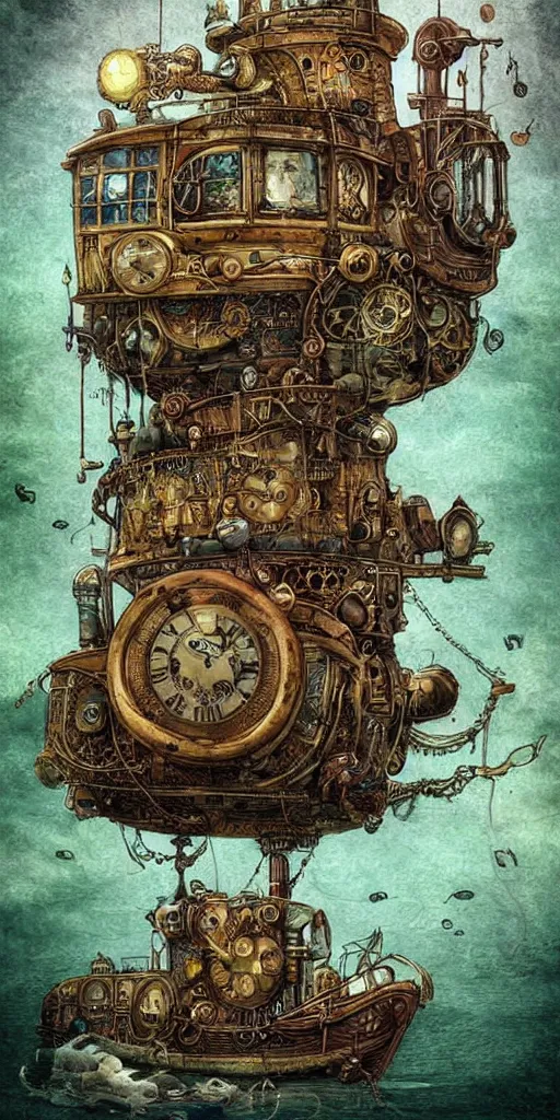 Image similar to a detailed digital painting of an organic steampunk living submarine by alexander jansson and where's waldo and leonardo da vinci