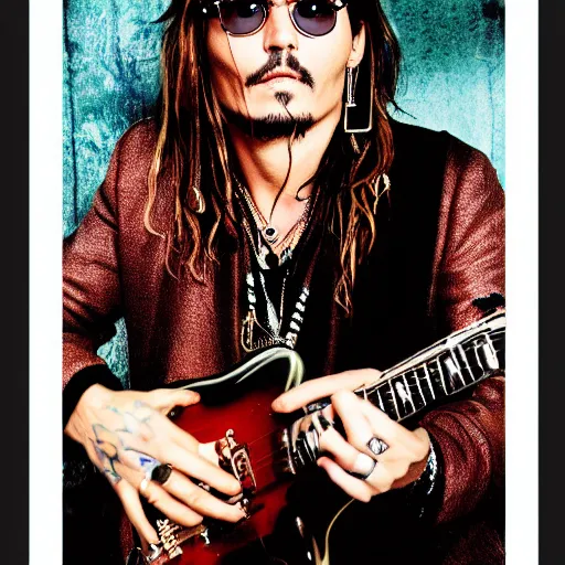 Image similar to portrait of johnny depp with an electric guitar as a rock singer, symmetrical, nikon 3 5 mm photography, ultrarealistic