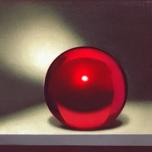 Prompt: chrome spheres on a red cube by george stubbs