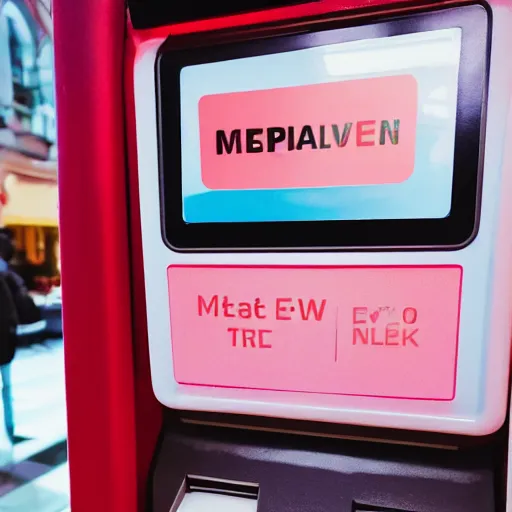 Image similar to a wide angle filmic polaroid photo of pale pink tickets printing from a ticket machine in an outdoor arcade. with symbols, airline data that read “ to the metaverse ” in bold red text, alien ar code and e - ink display, highly detailed, no noise, coherent text english characters