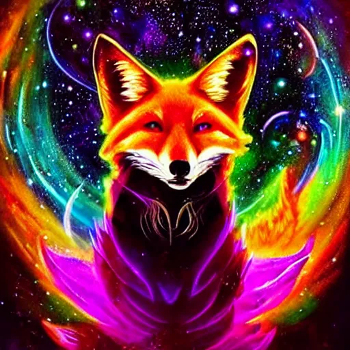 Image similar to a stylized blacklight painting of an avatar of an awesome cosmic powerful luxurious foxfolk mage themed around death and nebulas, in the style of dnd beyond avatar portraits, beautiful, artistic, elegant, lens flare, magical, lens flare, nature, realism, stylized, art by jeff easley