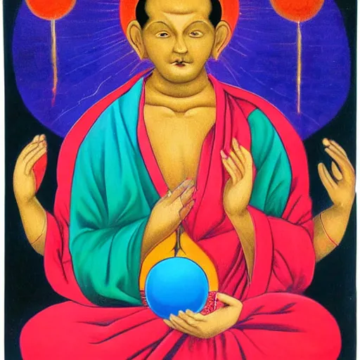 Image similar to a monk with four hands holding two orbs, divine, colorfull