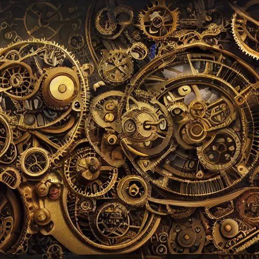 Prompt: A highly detailed and beautiful illustration of a steampunk world, by Scott Wills and J.C. Park and Pauline Olivieros, with intricate machinery, cogs, and gears, in a fantastical landscape, with a golden ratio composition