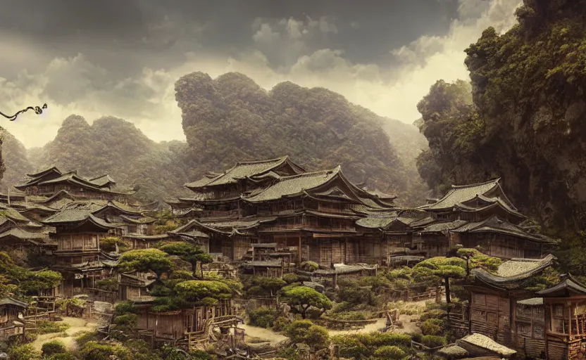 Prompt: highly detailed environment concept art of old, ruined, japanese village from sengoku period, surrounded by dense rock formations, high in mountains, cinematic lighting, photobash, raytracing, volumetric lighting