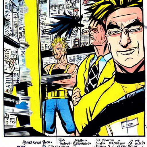 Image similar to johnny sins going super sayan in a fight against saul goodman, illustrated by alex toth