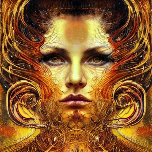 Image similar to Divine Chaos Engine by Karol Bak, Jean Deville, Gustav Klimt, and Vincent Van Gogh, beautiful visionary face portrait, sacred geometry, mystic eyes, otherworldly, fractal structures, ornate gilded medieval icon, third eye, spirals