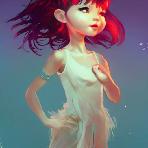 Image similar to cute pixie bjork dancing in a new music video, a look of wonder on her face, ambient lighting, 4 k, lois van baarle, ilya kuvshinov, rossdraws, alphonse mucha, jung gi kim, artstation