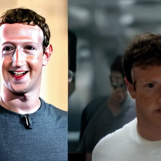 Prompt: Mark Zuckerberg plays Terminator, wearing leather jacket, red eye, VFX film