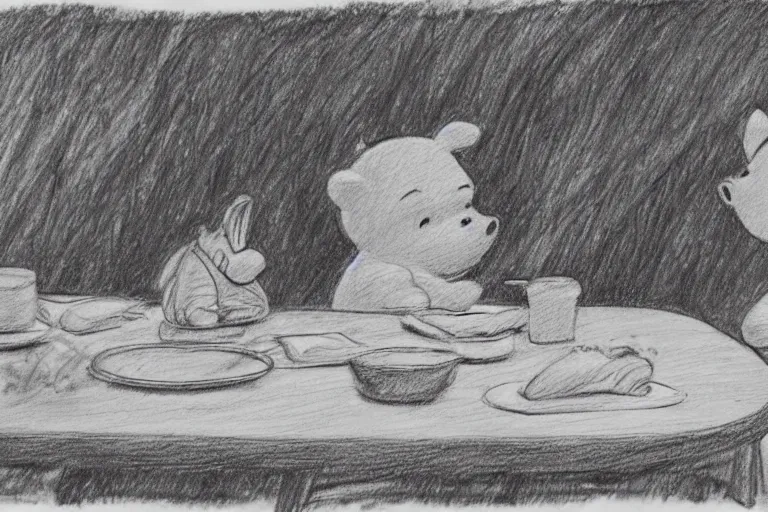 Image similar to winnie the pooh and piglet eating a bacon sandwich, pencil sketch, high detail, hyper realistic,